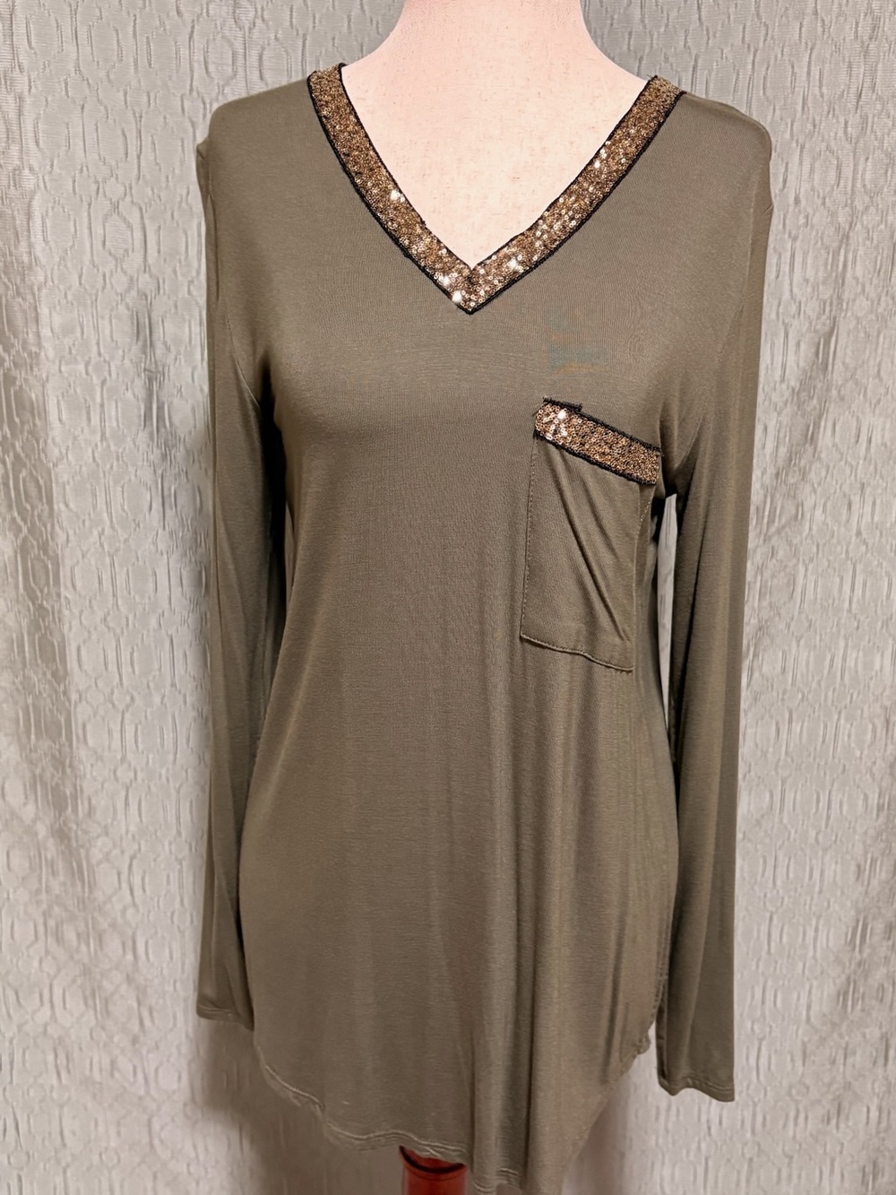 7th Ray Olive Green Long Sleeve V-Neck Top with Gold Sequin Trim